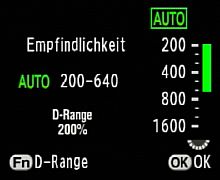 Pentax K200D Fn-Menü - Auswahl der Empfindlichkeit und des Dynamikumfangs [Foto: MediaNord]