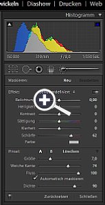 Adobe Photoshop Lightroom 2 - rechtes Bedienfeld, Menü, Korrekturpinsel  [Foto: MediaNord]
