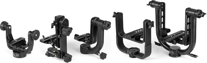 Fünf Kardanköpfe im Praxistest: Stativkopf von Dietmar Nill, CB Gimbal von Custom Brackets, Wimberley Head Version II, Manfrotto MA 393, Feisol Carbon U-Mount UA-180 (v.l.n.r.) [Foto: MediaNord]