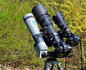 Teleschwenker PRO von eki mit Nikon D2x und Nikkor 200-400 mm F4 sowie zusätzlich Zweitkamera und Spektiv [Foto: eki/Alfred Krappel]