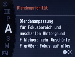 Sony Alpha 380 – Hilfetext bei Aufnahmeprogrammwahl [Foto: MediaNord]