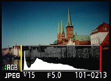 Pentax K-x – Wiedergabe mit Histogramm [Foto: MediaNord]