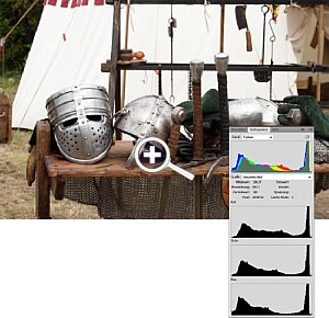 Bild im RGB-Farbmodus und die dazugehörigen Histogramme (oben das Gesamthistogramm, darunter die Histogramme der einzelnen Farbkanäle R, G und B) [Foto: Galileo Design]
