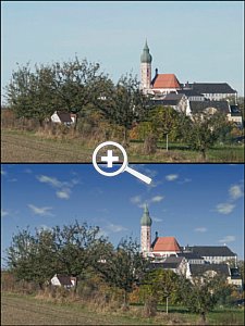 Bild 1: Das Original-Foto (oben) mit seinem dunstverhangenen Himmel wirkt fad. Ein blau-weißer Himmel wertet die Aufnahme des oberbayerischen Klosters deutlich auf (unten) [Foto:Martin Vieten]