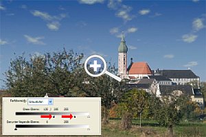 Bild 5: Die Regler für die dunklen Partien der Wolken-Ebene im Dialog "Ebenenstil" nach rechts verschieben – so erhält man weiße Federwolken. Durch Drücken der [Alt]-Taste kann man die Regler getrennt voneinander bewegen und so die dunklen Bereiche weich  [Foto: Martin Vieten]