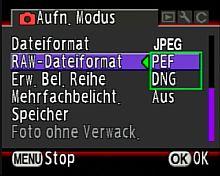 Pentax K10D – Aufnahmemenü Rohdatenformatswahl [Foto: MediaNord]