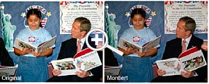 Bild 2: Original und bösartige Manipulation: US-Präsident George W. Bush mit Buch auf dem Kopf