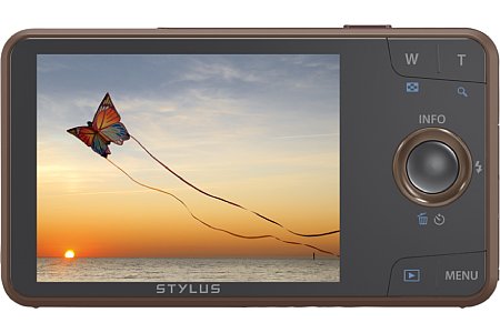 Bild Die Rückseite der Olympus Stylus VH-520 wird vom diagonal drei Zoll messenden Bildschirm dominiert, der 460.000 Bildpunkte auflöst.