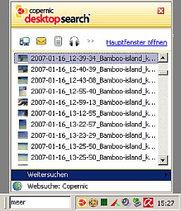Das kostenlose Suchprogramm Copernic Desktop Search findet Bilder zum gewünschten Begriff direkt aus der Windows-Taskleiste heraus [Foto: Heico Neumeyer]
