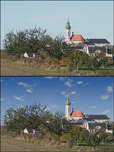 Bild 1: Das Original-Foto (oben) mit seinem dunstverhangenen Himmel wirkt fad. Ein blau-weißer Himmel wertet die Aufnahme des oberbayerischen Klosters deutlich auf (unten) [Foto:Martin Vieten]