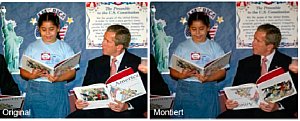 Bild 2: Original und bösartige Manipulation: US-Präsident George W. Bush mit Buch auf dem Kopf
