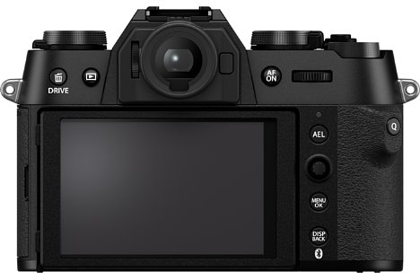 Bild Der rückwärtige Touchscreen der Fujifilm X-T50 lässt sich nach oben und unten kippen. Der OLED-Sucher vergrößert 0,62-fach und bietet 2,36 Millionen Bildpunkte Auflösung. [Foto: Fujifilm]