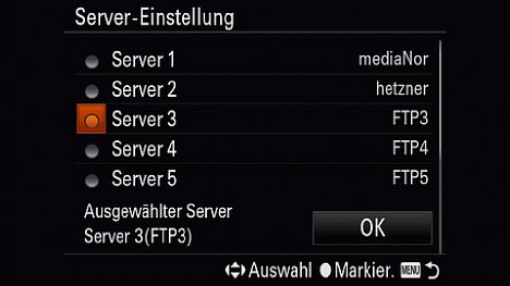 Bild FTP-Übertragungs-Menü an einer Sony Alpha 7 III - Links selektiert man den Server, rechts geht es zu den Server-Einstellungen. [Foto: MediaNord]