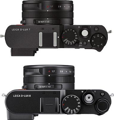 Bild Die Leica D-Lux 8 (unten) hat weniger Bedienelemente als die D-Lux 7 (oben). Neben verschwundenen Tasten wurde aus dem Belichtungskorrekturrad ein Daumenrad mit Taste. [Foto: Leica]