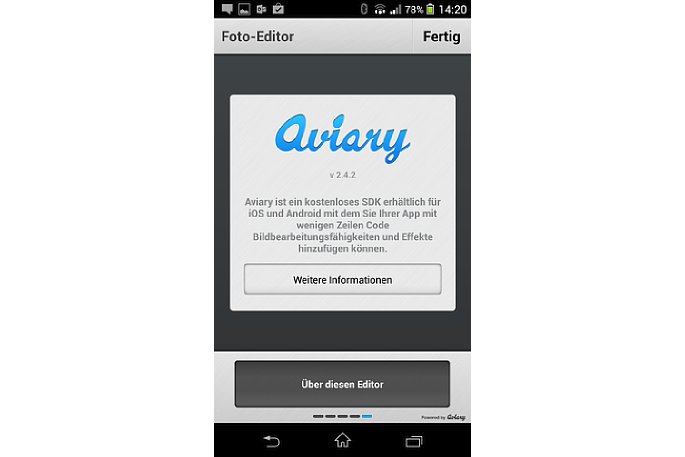 Bild In einer Info-Box der App wird auf die Verwendung des Aviary-Entwicklungskits hingewiesen. [Foto: MediaNord]