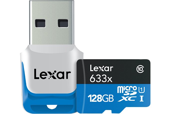 Bild Die Lexar HighPerformance microSDXC UHS-I Karte 128 GB wird zusammen mit einem USB 3.0-Kartenleser ausgeliefert. [Foto: Lexar]