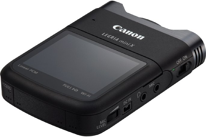 Bild Canon Legria mini X: Auf der rechten Seite sind der Aussteuerungsregler für die Aufnahmelautstärke, der Stromversorgungs-Anschluss, sowie die 3,5mm-Klinkenbuchsen für Kopfhörer und Mikrofon. [Foto: Canon]