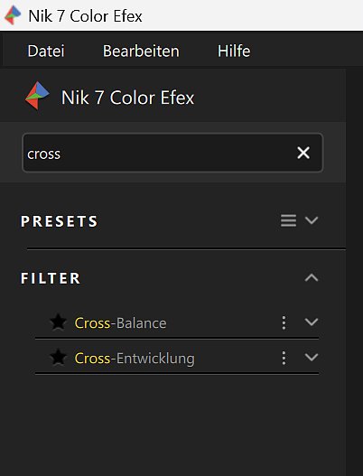 Bild Dank der Suchfunktion in der Nik Collection 7 lassen sich eigene Filter genauso leicht finden wie in der Software integrierte. Zudem durchsucht die Suche  einzelne Filter ebenso wie Presets. Darüber hinaus lassen sich Kategorien anlegen. [Foto: MediaNord]