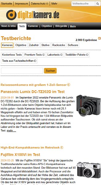 Bild Die digitalkamera.de-Testrubrik haben wir schon länger mit einer Suche und Filtern ausgestattet, die im oberen Bereich der Seite liegen und sich auch für schmale Displays eignen. [Foto: MediaNord]