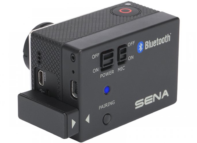 Bild Sena Bluetooth Pack für GoPro montiert an einer GoPro Hero 3+. [Foto: Sena]