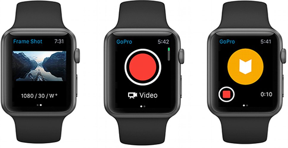 Bild Apple Watch als GoPro-Fernbedienung. Links: Sucherbild. Mitte: Start/Stopp. Rechts: HiLight-Tags setzen, um während der Aufnahme wichtige Punkte im Video zu markieren. [Foto: GoPro]