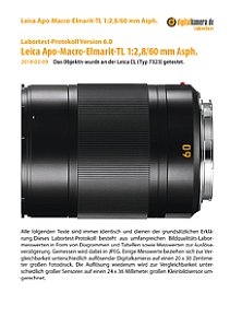 Leica Apo-Macro-Elmarit-TL 1:2,8/60 mm Asph. mit CL (Typ 7323) Labortest, Seite 1 [Foto: MediaNord]