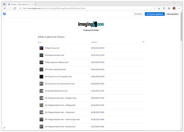 Adobe Lightroom Classic für Einsteiger Schulungsvideos in Dropbox. [Foto: Imaging One]