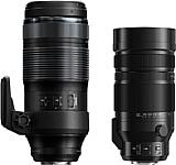 Größenvergleich zwischen dem Olympus 100-400 mm F5.0-6.3 IS ED (links) und dem Panasonic Leica DG Vario-Elmar 100-400 mm 4-6.3 Asph. Power OIS (rechts). [Foto: Olympus / Panasonic]