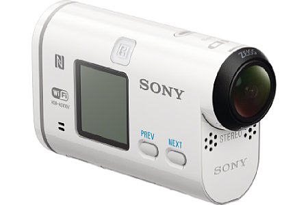 Die andere Seite der Sony HDR-AS100V hat keinerlei Bedienelemente. Auf der Vorderseite befinden sich das 170°-Objektiv und das Stereomikrofon. [Foto: Sony]