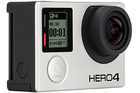 Die GoPro Hero 4 Silver Edition im Unterwassergehäuse. Von Vorne sieht man keinen Unterschied zur Black Edition. Die beiden Kontrolleuchten (bei der Hero 3 Generation noch rechts neben dem großen Druckknopf) sind jetzt neben dem LC-Display. [Foto: GoPro]