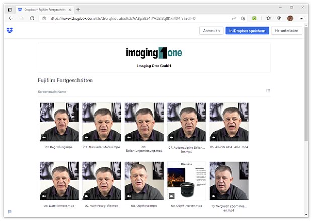 Das Fujifilm-Fortgeschrittenenseminar werden über den Cloud-Dienst Dropbox zum Anschauen und Herunterladen angeboten. Dropbox bietet auch eine schnelle Download-Möglichkeit mit einem Klick direkt aus der E-Mail mit den Zugangsdaten. [Foto: MediaNord]