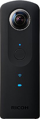 Die Ricoh Theta S besitzt jetzt ein edles, schwarzes Gehäuse und unauffällig integrierte LEDs, die den Betriebsmodus (Foto oder Video) anzeigen. [Ricoh]