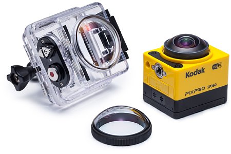 Genau drei Bedienelemente hat die Kodak Pixpro SP360: Ein/Aus-Taste und Modus-Wähler und Menü-Taste (beide gleichzeitig Pfeil-Tasten zur Menü-Bedienung) sowie Auslöser. [Foto: Kodak]