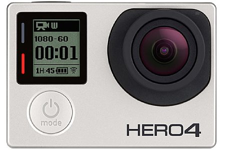 Die GoPro Hero 4 Silver Edition im Unterwassergehäuse. Von Vorne sieht man keinen Unterschied zur Black Edition. Die beiden Kontrolleuchten (bei der Hero 3 Generation noch rechts neben dem großen Druckknopf) sind jetzt neben dem LC-Display. [Foto: GoPro]