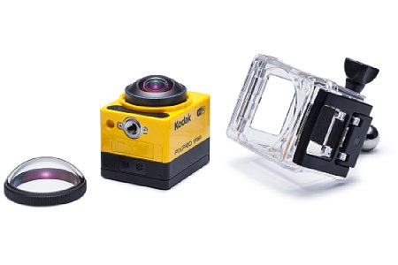 Genau drei Bedienelemente hat die Kodak Pixpro SP360: Ein/Aus-Taste und Modus-Wähler und Menü-Taste (beide gleichzeitig Pfeil-Tasten zur Menü-Bedienung) sowie Auslöser. [Foto: Kodak]