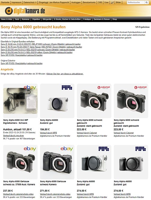 Bild digitalkamera.de-Gebrauchtseite der Sony Alpha 6000 am 2023-12-22. [Foto: MediaNord]