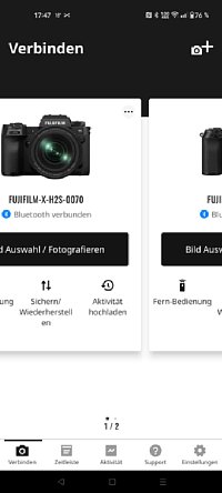 Bild Fujifilm XApp – Startbildschirm mit zwei gekoppelten Kameras. [Foto: MediaNord]