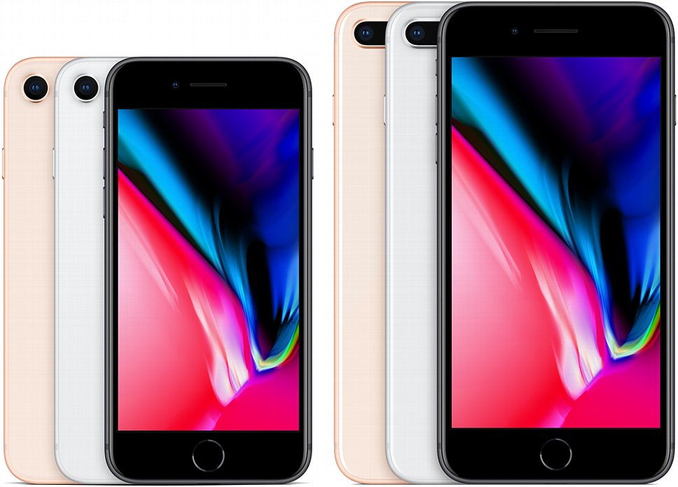 Bild iPhone 8 und iPhone 8 Plus im Größenvergleich. Beide Modelle gibt es in Gold, Silber (mit Weiß) und Space Grau (mit Schwarz). [Foto: Apple]