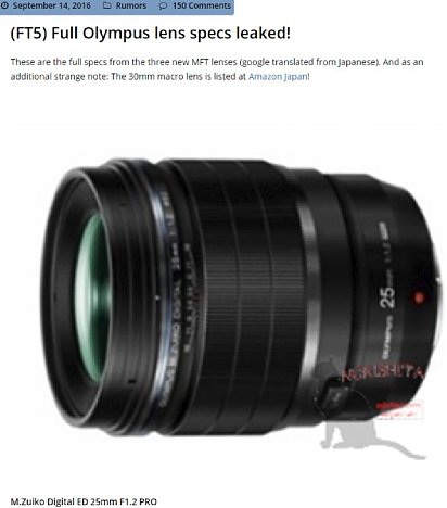 Bild Von Olympus soll es zur Photokina drei neue Objektive geben, darunter dieses F1,2 lichtstarke 25 mm. [Foto: MediaNord/43rumors.com]