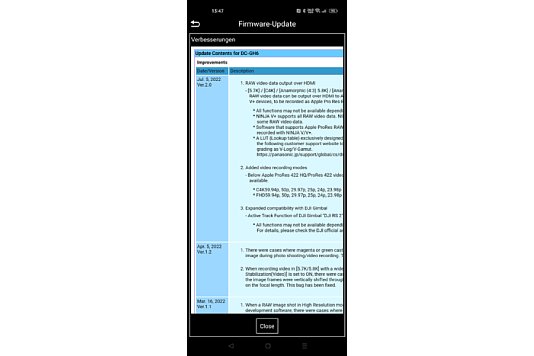 Bild Detailinformationen zu den Neuerungen der Firmware zeigt die Panasonic Lumix Sync App nur in englischer Sprache an. [Foto: MediaNord]