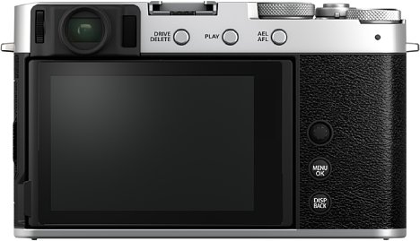 Bild Der rückwärtige Touchscreen der Fujifilm X-E4 ist bündig eingelassen, lässt sich aber dennoch um 180 Grad nach oben (bspw. für Selfies) sowie um 45 Grad nach unten neigen. [Foto: Fujifilm]