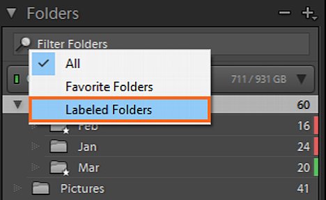 Bild In Adobe Lightroom Classic lassen sich Ordner jetzt mit Farbkennzeichen versehen und nach gekennzeichneten Ordnern lässt sich auch filtern. [Foto: Adobe]