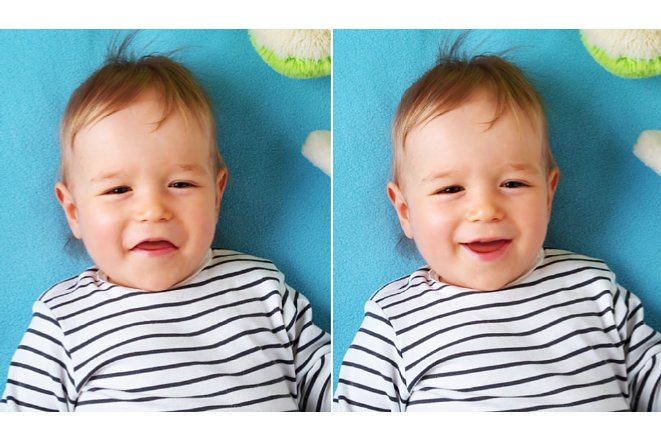 Bild Eine der neuen Funktionen erlaubt die Veränderung von Gesichtsteilen, um wie in diesem Beispiel aus dem grimmige Kindergesicht ein lachendes zu machen. [Foto: Adobe]