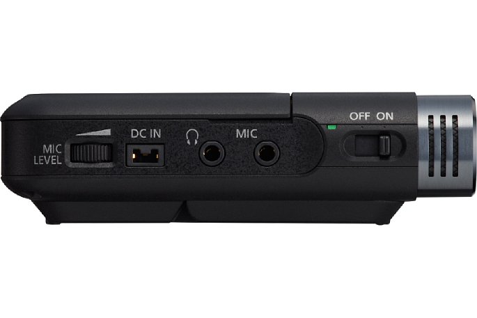Bild Auf der rechten Seite der Canon Legria mini X sind der Ein-Aus-Schalter, je eine 3,5mm-Klinkenbuchse für Mikrofon und Kopfhörer, der Netzteilanschluss sowie der Aussteuerungsregler für Mikrofonlautstärke. [Foto: Canon]