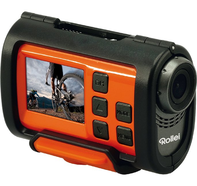 Bild Rollei S-30 WiFi in der Farbvariante Orange im farblich passenden Montagerahmen. Der schützt die Kamera immer dort, wo eine Wasserdichtigkeit nicht nötig ist. Dafür ist die Kamera voll bedienbar. [Foto: Rollei]