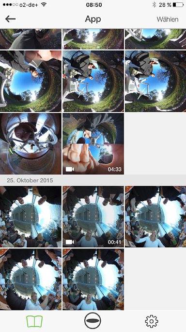 Bild Die Ricoh Theta S App, hier die iOS-Version, zeigt eine Übersicht aller Fotos und Videos an, die auf dem Gerät betrachtet werden können. [Foto: MediaNord]