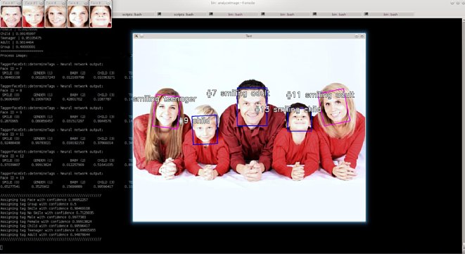 Bild In der Excire Search Entwicklungsumgebung werden erkannte Gesichter mit farbigen Rahmen und Textkennungen dargestellt. Blau für männlich, Pink für weiblich. Dazu ggf. "smiling" sowie "baby", "child", "teenager", "adult" oder "senior". [Foto: Pattern Recognition Company]