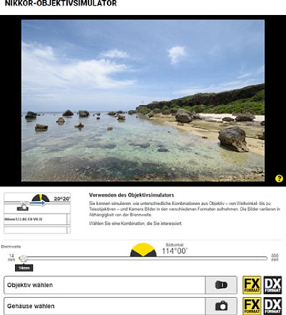 Bild Der Nikon-Objektivsimulator bietet einen Schieberegler, eine Bildwinkelanzeige und besitzt Auswahloptionen für Objektive und Kameras. [Foto: MediaNord]