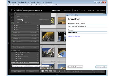 Bild Wer sich in Lightroom 5.4 mit der Adobe-ID anmeldet (links oben), kann anschließend Sammlungen zum Synchronisieren freigeben (links unten).  [Foto: Heico Neumeyer]