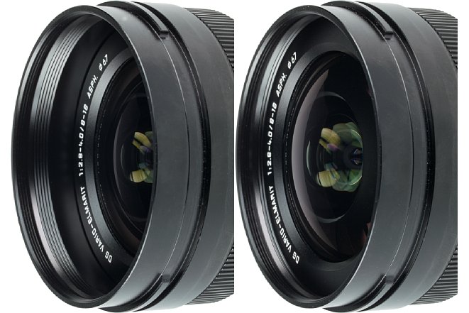 Bild Beim Zoomen zieht sich die Frontlinse des Panasonic Leica DG Vario-Elmarit 8-18 mm F2.8-4 ASPH nach hinten zurück, wodurch sich ein gewisser Sonnenblenden-Effekt ergibt und die Frontlinse besser vor mechanischen Einflüssen geschützt wird. [Foto: MediaNord]